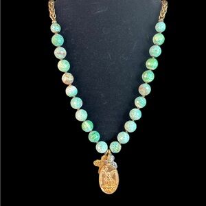 Stunning Green and Gold Necklace with Elegant St Michael Pendant
